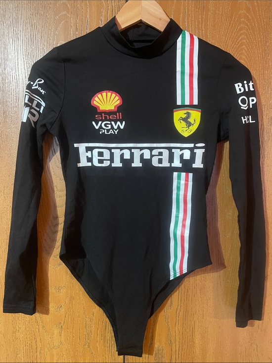 no brand Tops - Ferrari Black Long-Sleeve Racing Logo Bodysuit with Italian Stripe
